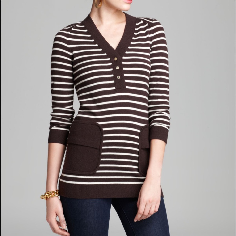 Tory Burch Felicia Brown Stripe Tunic Sweater